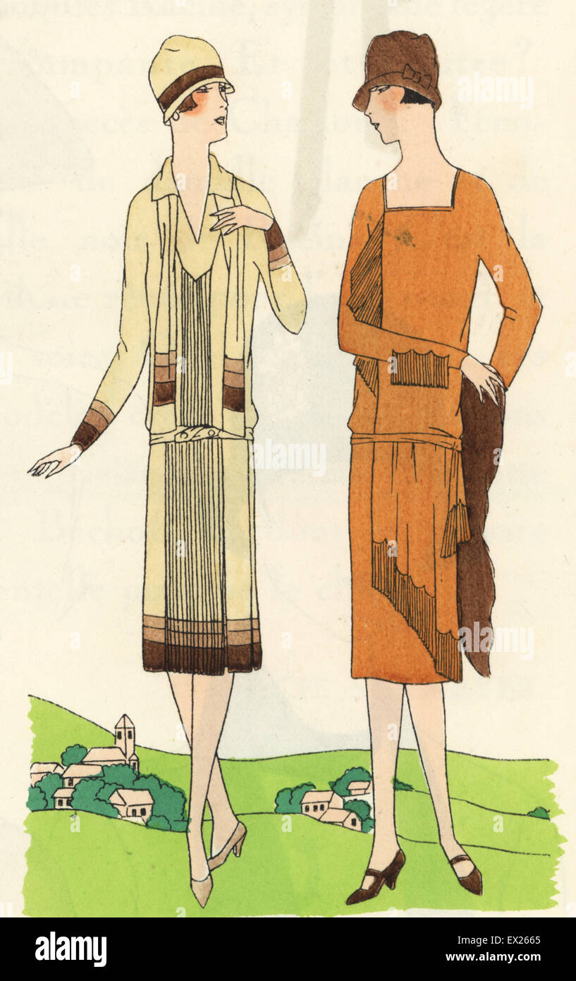 Frau in am Nachmittag Kleid Shirt Krepp und Frau in am Nachmittag Kleid aus Crêpe De Chine. Lithographie mit Pochoir (Schablone) Handcolour aus der Luxusmode-Magazin, Kunst, Gicht, Beaute, Paris, 1926. Stockfoto