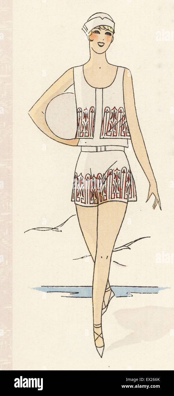 Frau im Badeanzug getragen von Fräulein Popesco am Theatre de Paris. Lithographie mit Pochoir (Schablone) Handcolour aus der Luxusmode-Magazin, Kunst, Gicht, Beaute, Paris, 1928. Stockfoto