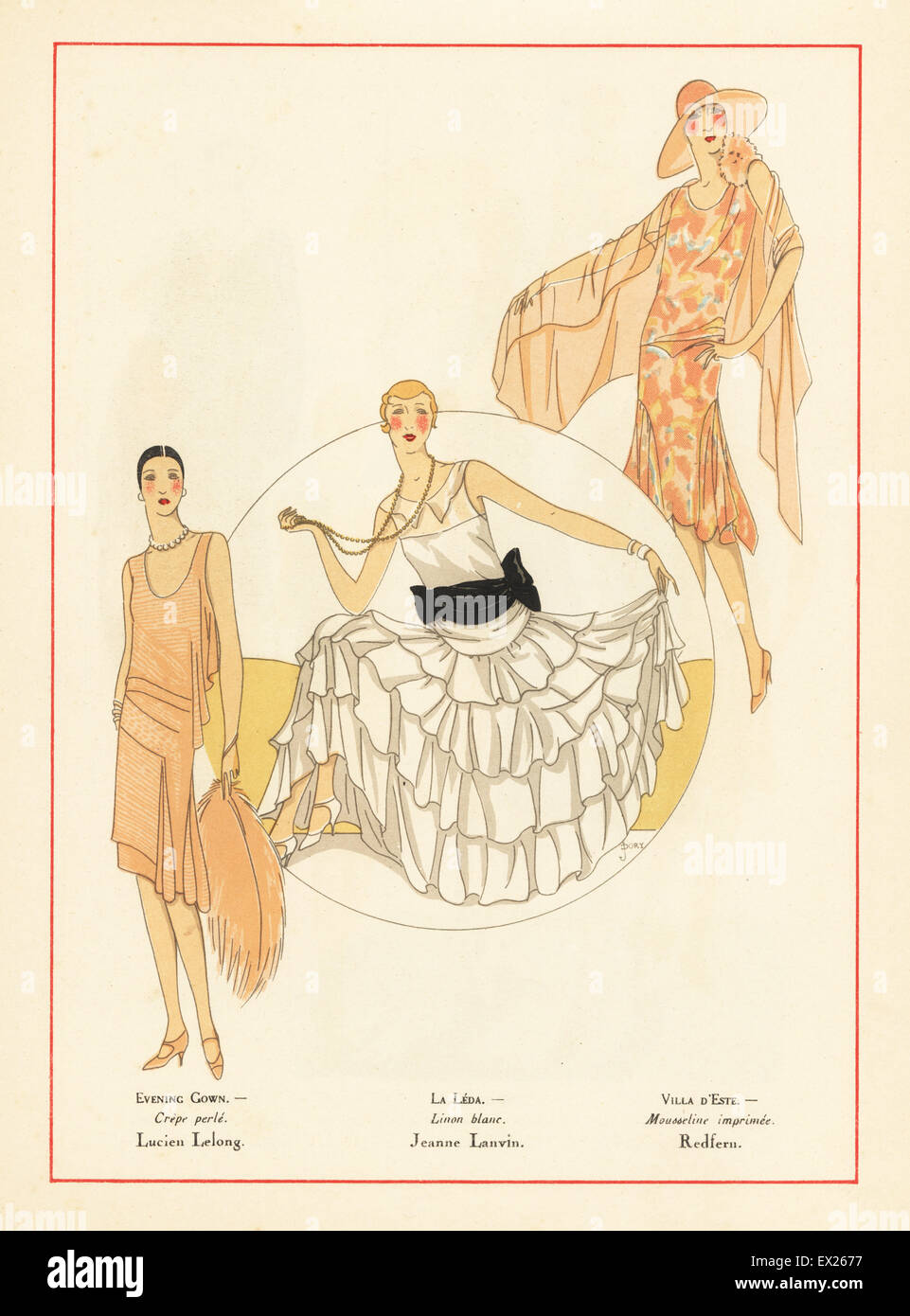 Frauen in Abendkleidern Perle Krepp, weißem Leinen und gedruckten Musselin. Lithographie mit Pochoir (Schablone) Handcolour nach einer Illustration von J. Dory aus dem Luxus-Mode-Magazin Kunst, Gicht, Beaute, Paris, 1928. Stockfoto
