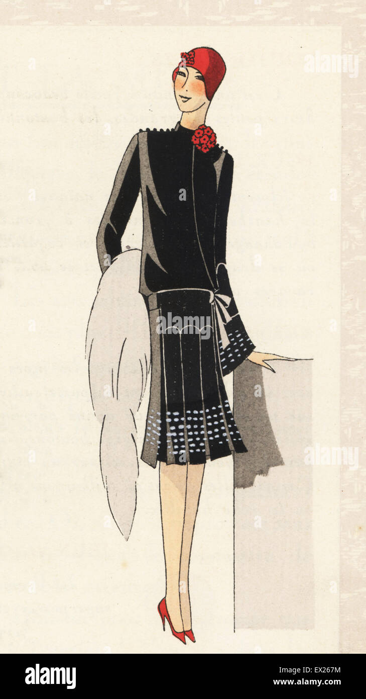 Frau in am Nachmittag Kleid aus schwarzem Crêpe mit Pelzstola. Lithographie mit Pochoir (Schablone) Handcolour aus der Luxusmode-Magazin, Kunst, Gicht, Beaute, Paris, 1928. Stockfoto