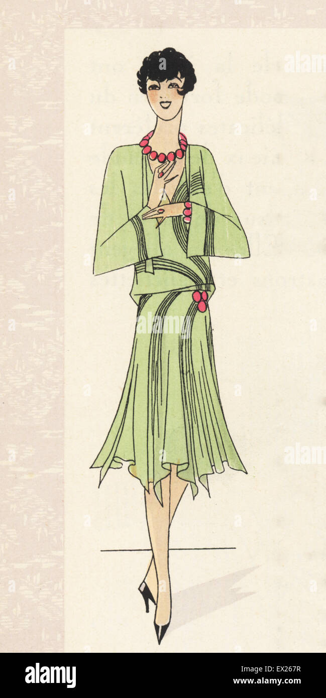 Abendessen-Kleid im grünen Krepp Georgine. Lithographie mit Pochoir (Schablone) Handcolour aus der Luxusmode-Magazin, Kunst, Gicht, Beaute, Paris, 1928. Stockfoto