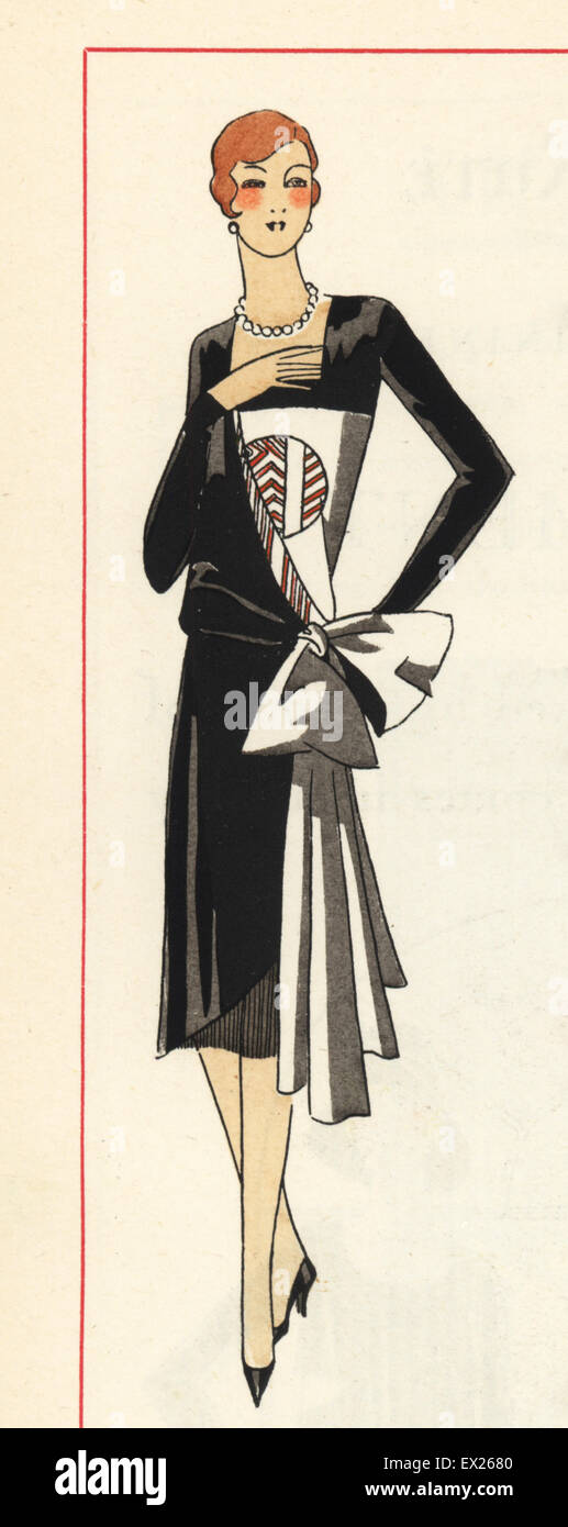 Frau in am Nachmittag Kleid in marokkanischen Crepe mit großen Bogen. Lithographie mit Pochoir (Schablone) Handcolour aus der Luxusmode-Magazin, Kunst, Gicht, Beaute, Paris, 1928. Stockfoto