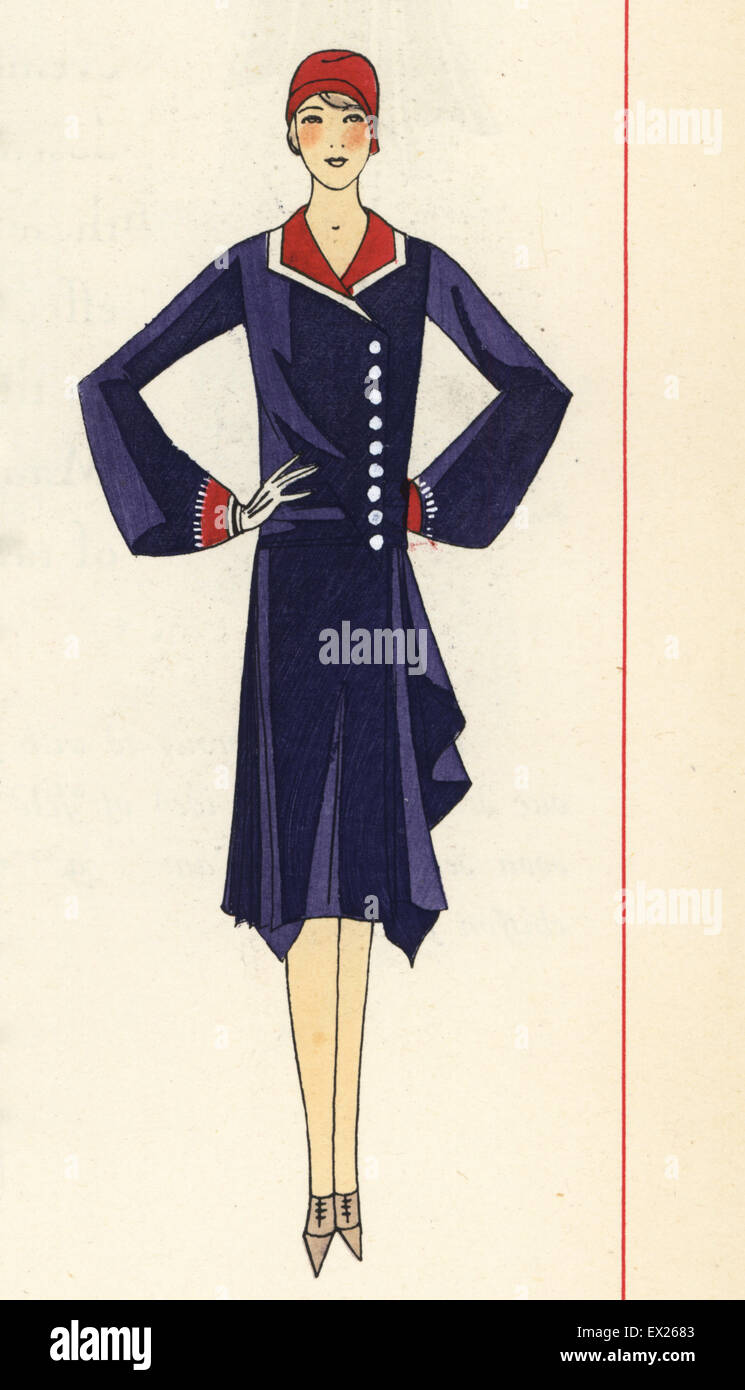Frau am Nachmittag Kleid von blauen Crepe mit weißen Knöpfen. Lithographie mit Pochoir (Schablone) Handcolour aus der Luxusmode-Magazin, Kunst, Gicht, Beaute, Paris, 1929. Stockfoto