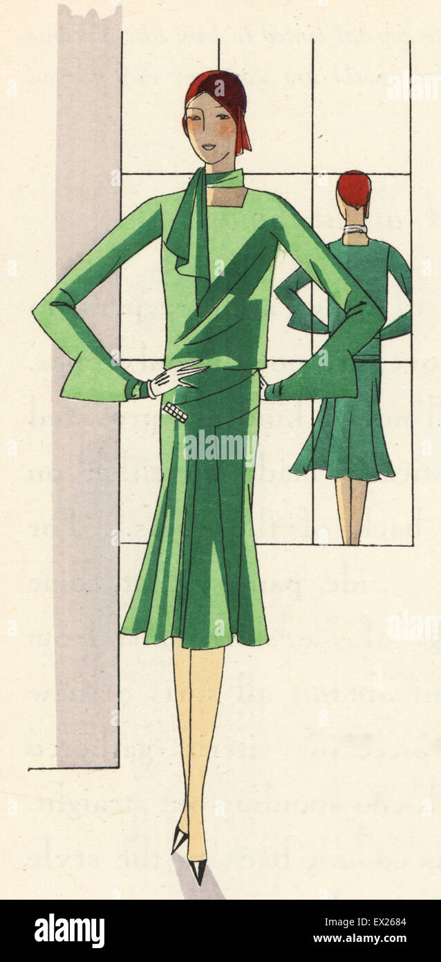 Frau am Nachmittag Kleid des grünen Krepp mit Schal. Lithographie mit Pochoir (Schablone) Handcolour aus der Luxusmode-Magazin, Kunst, Gicht, Beaute, Paris, 1929. Stockfoto
