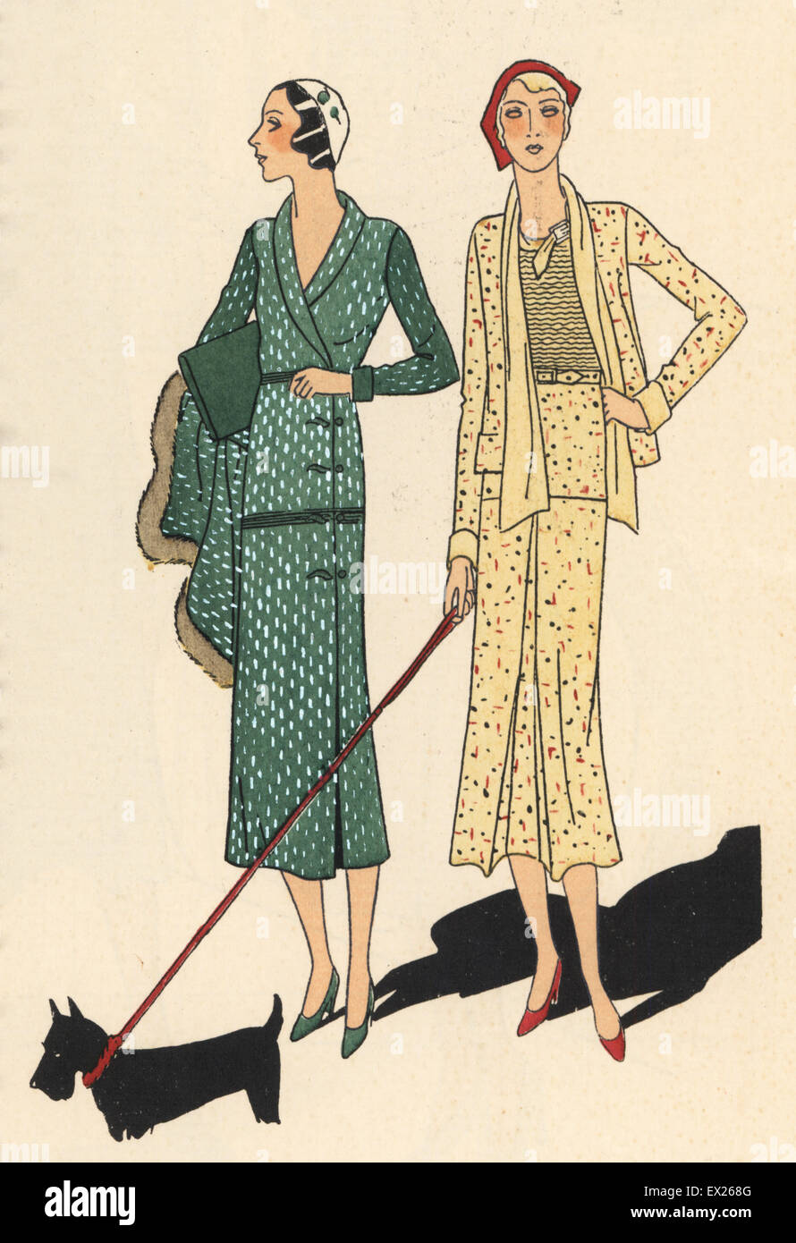 Frau im Kleid des Filianah, Croise Rock und Schal. Frau im dreiteiligen Anzug von Prismah, Casaquin. Lithographie mit Pochoir (Schablone) Handcolour aus der Luxusmode-Magazin, Kunst, Gicht, Beaute, Paris, 1931. Stockfoto