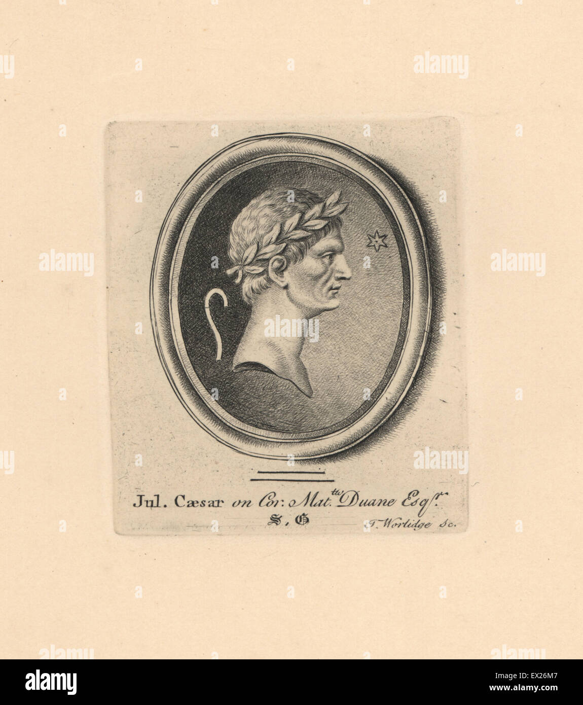 Porträt von Julius Caesar, römischer Feldherr und Staatsmann im Lorbeerkranz, eingraviert auf Karneol in der Sammlung von Matthew Duane. Kupferstich von Thomas Worlidge von James Vallentins eine hundert und acht Stiche aus antiken Perlen, 1863. Stockfoto