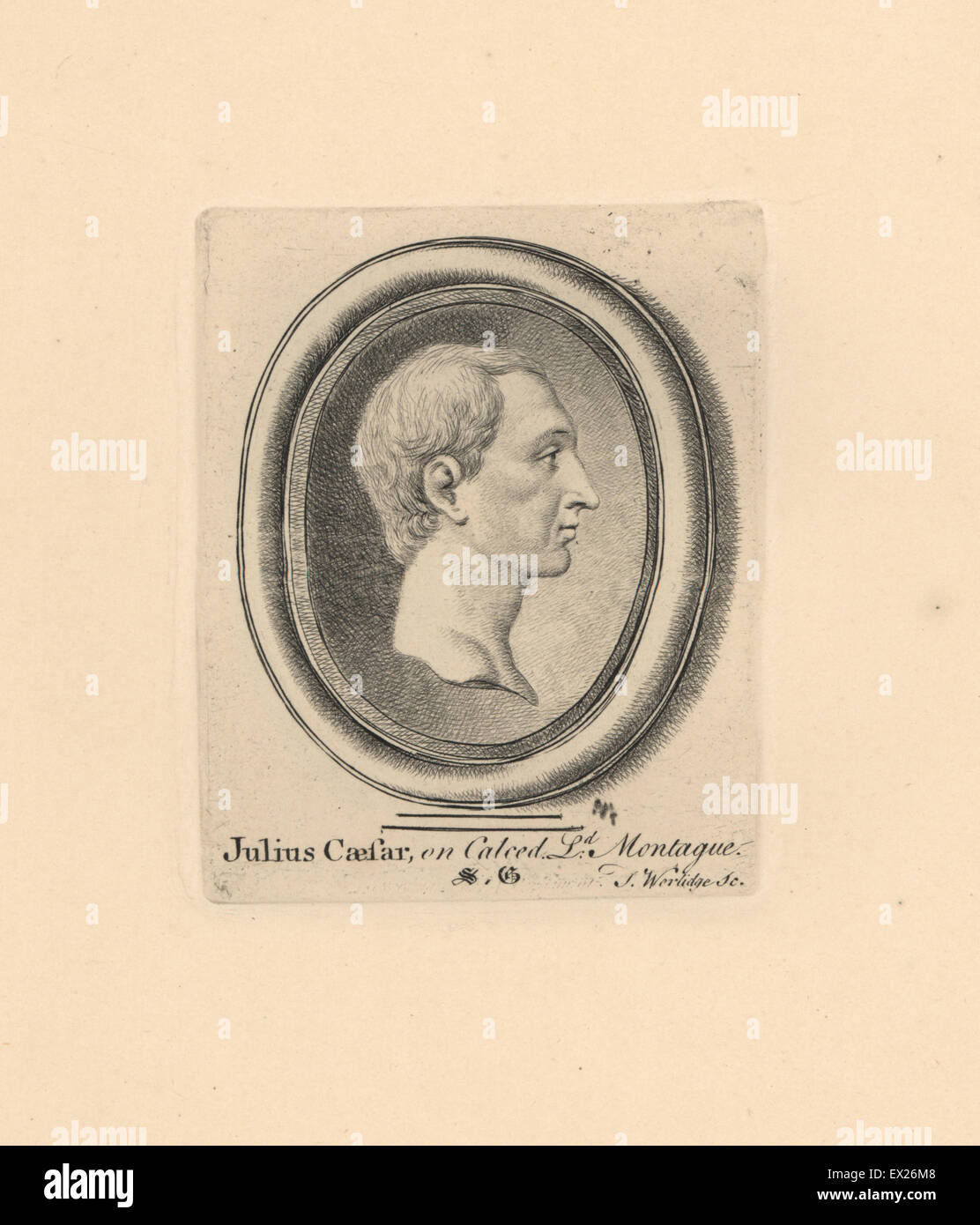 Porträt von Julius Caesar, römischer Feldherr und Staatsmann, eingraviert auf Chalcedon in der Sammlung des Herrn Montague. Kupferstich von Thomas Worlidge von James Vallentins eine hundert und acht Stiche aus antiken Perlen, 1863. Stockfoto