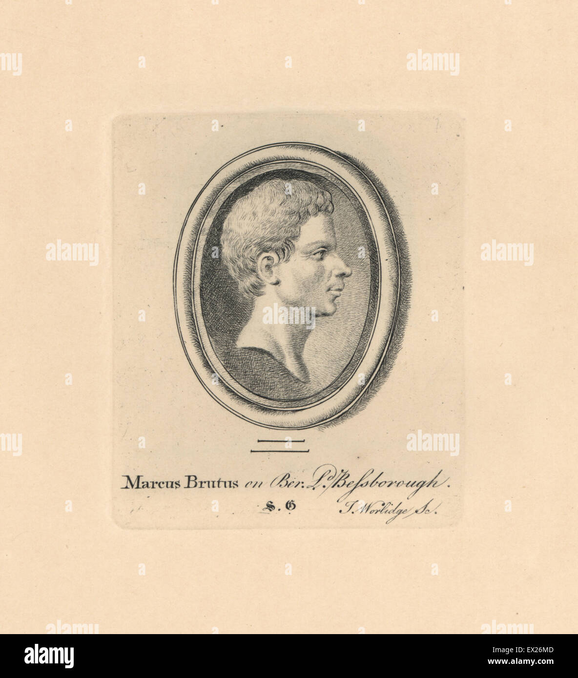 Porträt von Marcus Brutus, römischer Politiker, Beryl aus der Sammlung des Herrn Bessborough eingraviert. Kupferstich von Thomas Worlidge von James Vallentins eine hundert und acht Stiche aus antiken Perlen, 1863. Stockfoto