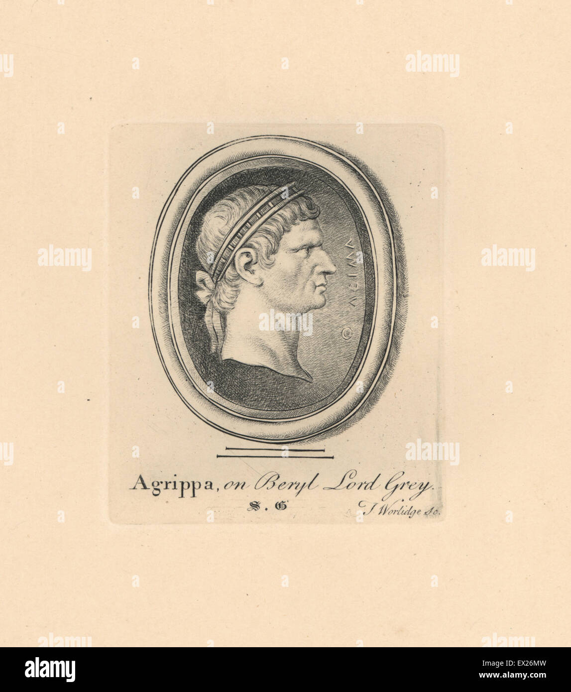 Porträt von Agrippa, römischer Staatsmann und Architekt, eingraviert auf Beryl in der Sammlung des Lord Grey. Kupferstich von Thomas Worlidge von James Vallentins eine hundert und acht Stiche aus antiken Perlen, 1863. Stockfoto