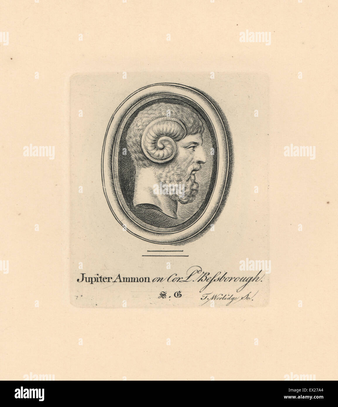 Porträt von Jupiter oder Jupiter, Römische Gottheit mit Widderhorn von Ammon, auf Karneol aus der Sammlung des Herrn Bessborough. Kupferstich von Thomas Worlidge von James Vallentins eine hundert und acht Stiche aus antiken Perlen, 1863. Stockfoto