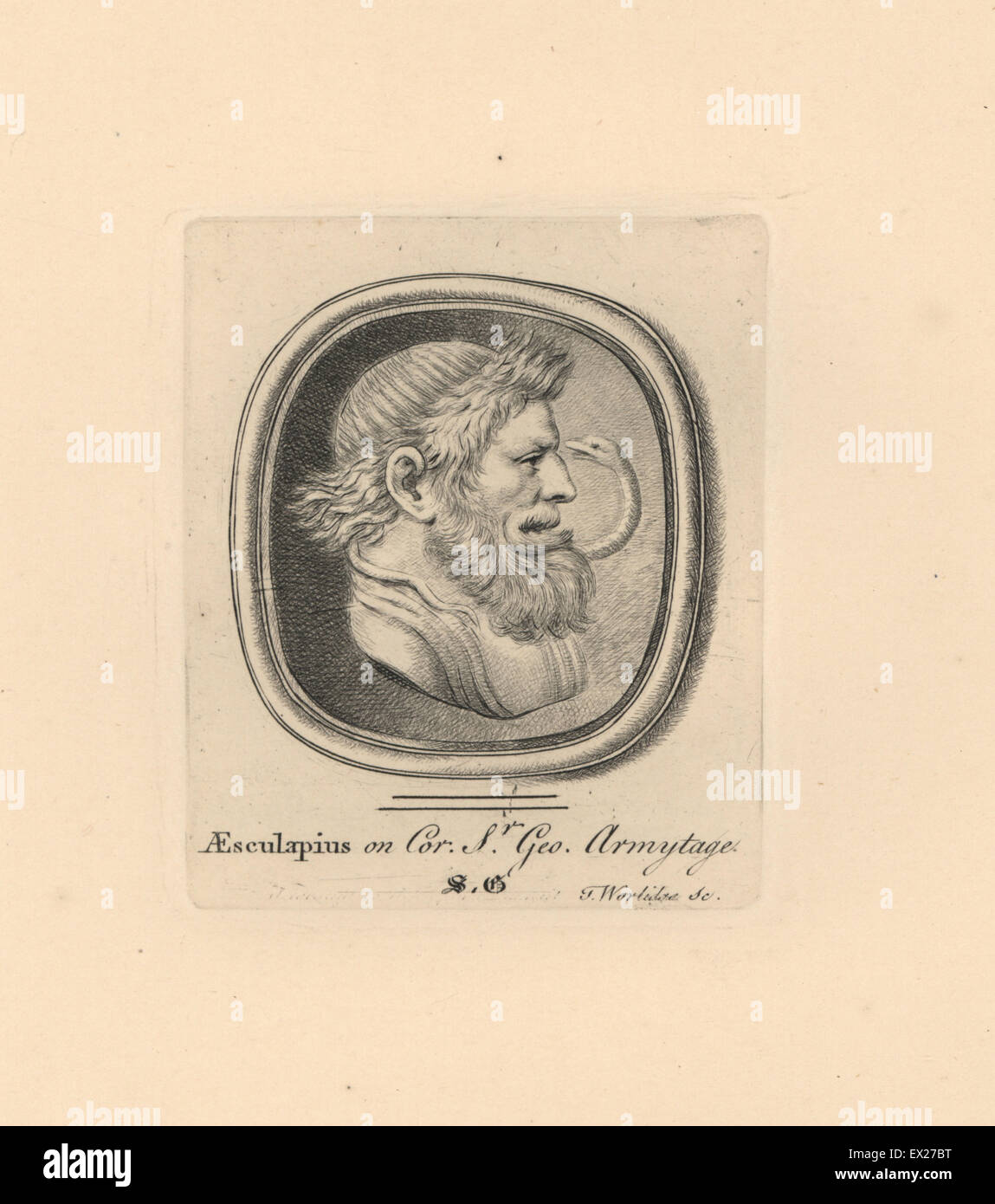 Porträt des Asklepios, dem griechischen Gott der Heilkunst, mit Schlange, auf Karneol in Sir Geoffrey Armytage Sammlung. Kupferstich von Thomas Worlidge von James Vallentins eine hundert und acht Stiche aus antiken Perlen, 1863. Stockfoto