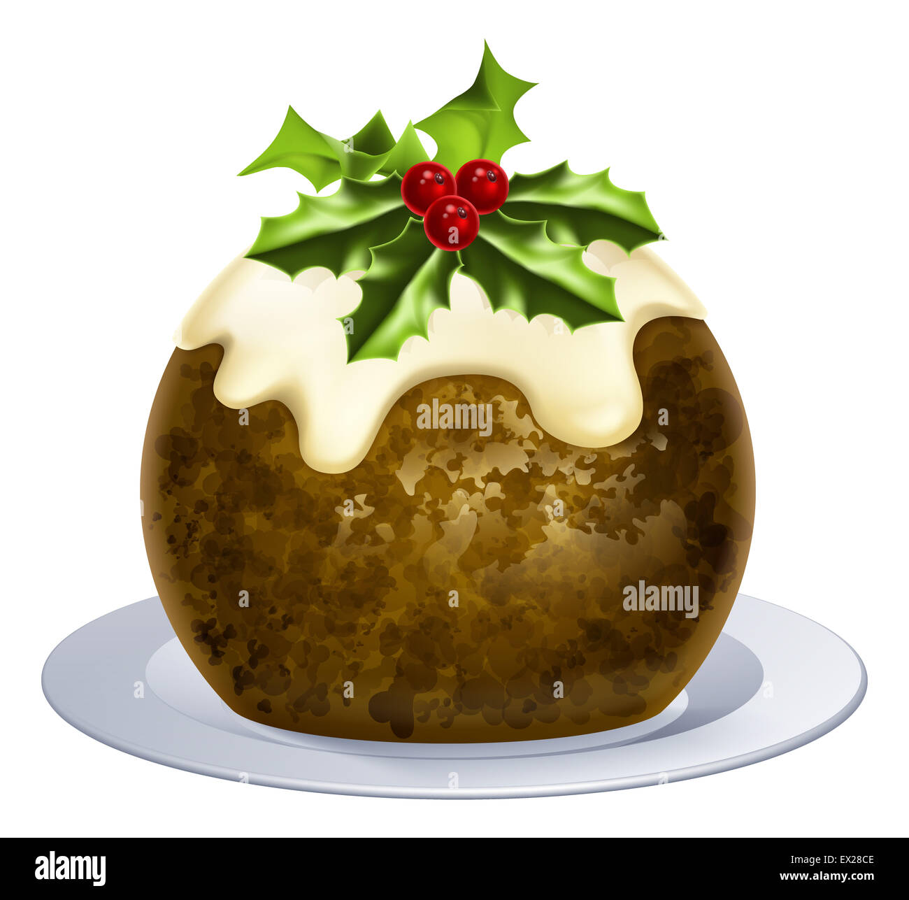 Ein Beispiel für einen Christmas Pudding Kuchen mit Holly an der Spitze Stockfoto
