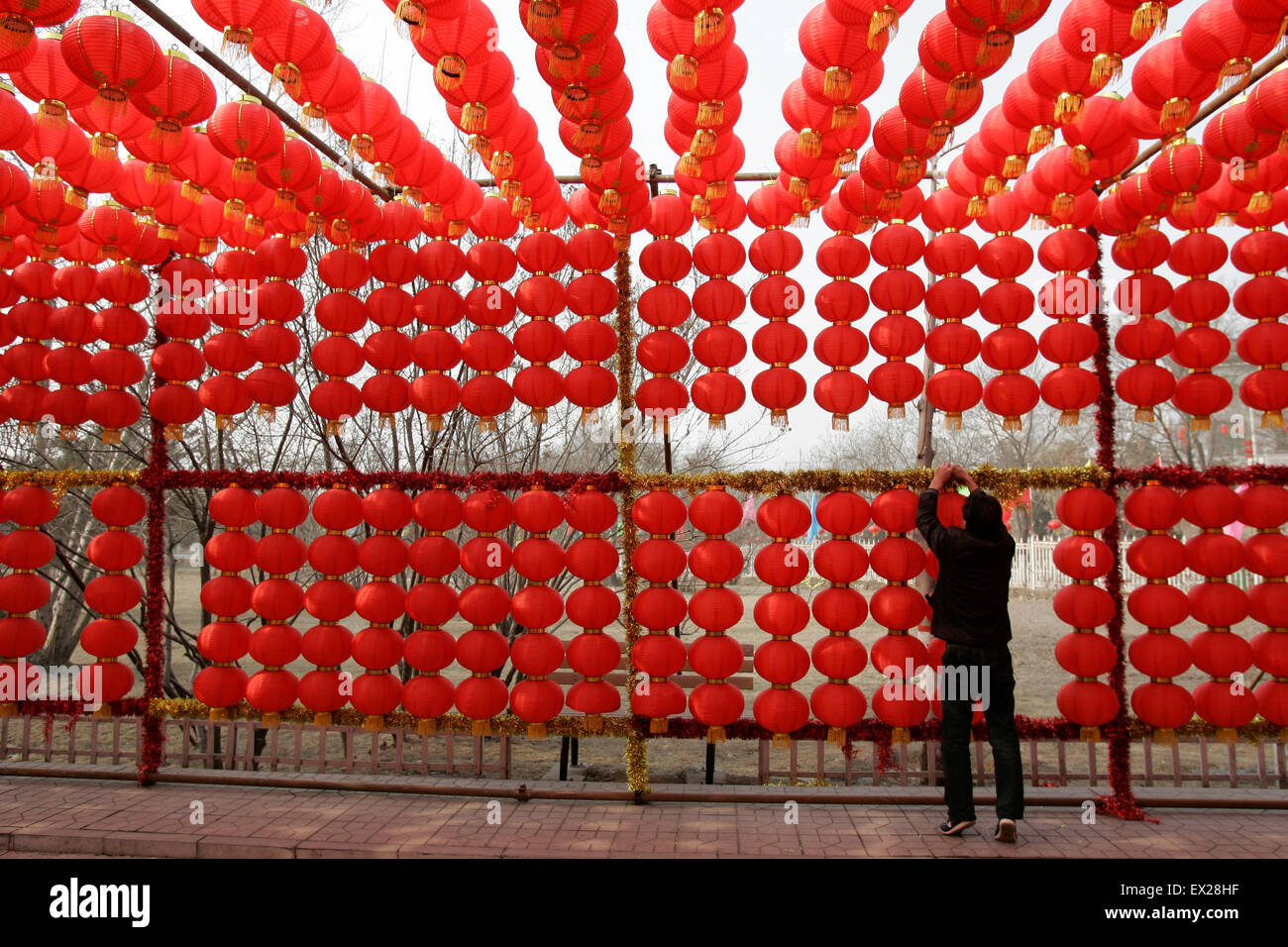 Ein Arbeiter installiert Laternen, die bevorstehende Chinese Lunar New Year in einem Zoo in Taiyuan, Provinz Shanxi 8. Februar 2010 begrüßen zu dürfen. Stockfoto