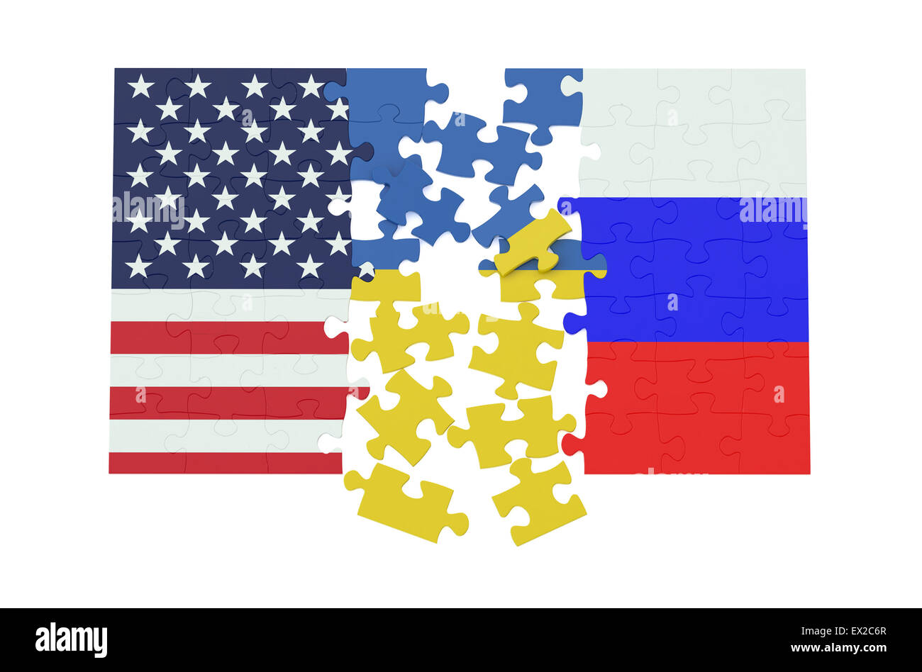 Rätsel der Ukraine, Russland und USA Flaggen isoliert auf weißem Hintergrund Stockfoto