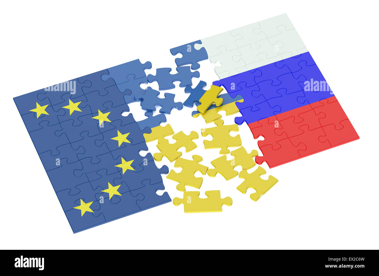 Rätsel der Ukraine, Russland und EU Konzept isoliert auf weißem Hintergrund Stockfoto