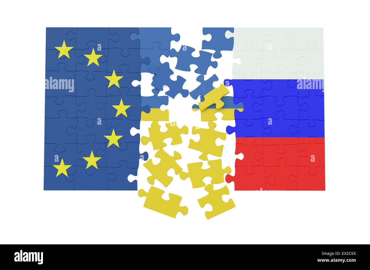 Rätsel der Ukraine, Russland und EU Konzept isoliert auf weißem Hintergrund Stockfoto