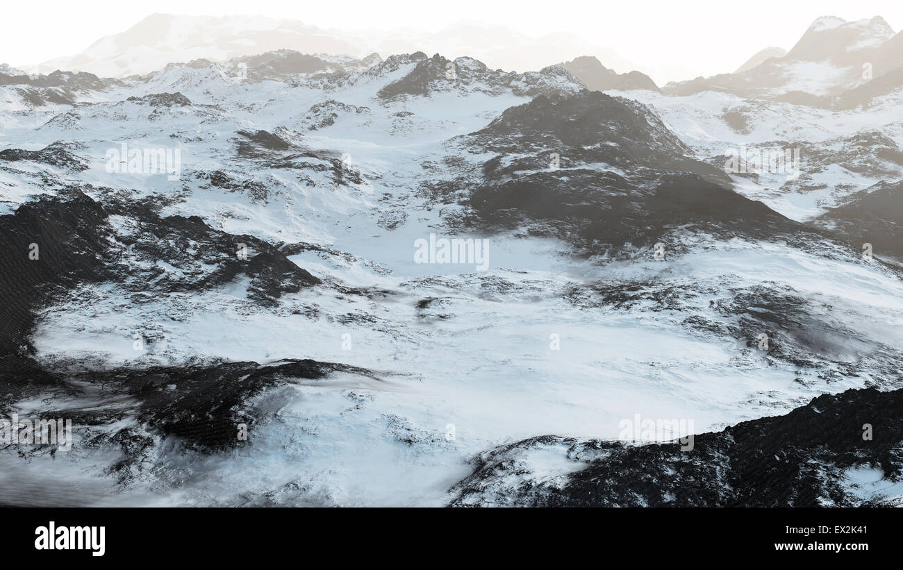 3D Rendern einer wunderschönen Winterlandschaft in den Bergen Stockfoto