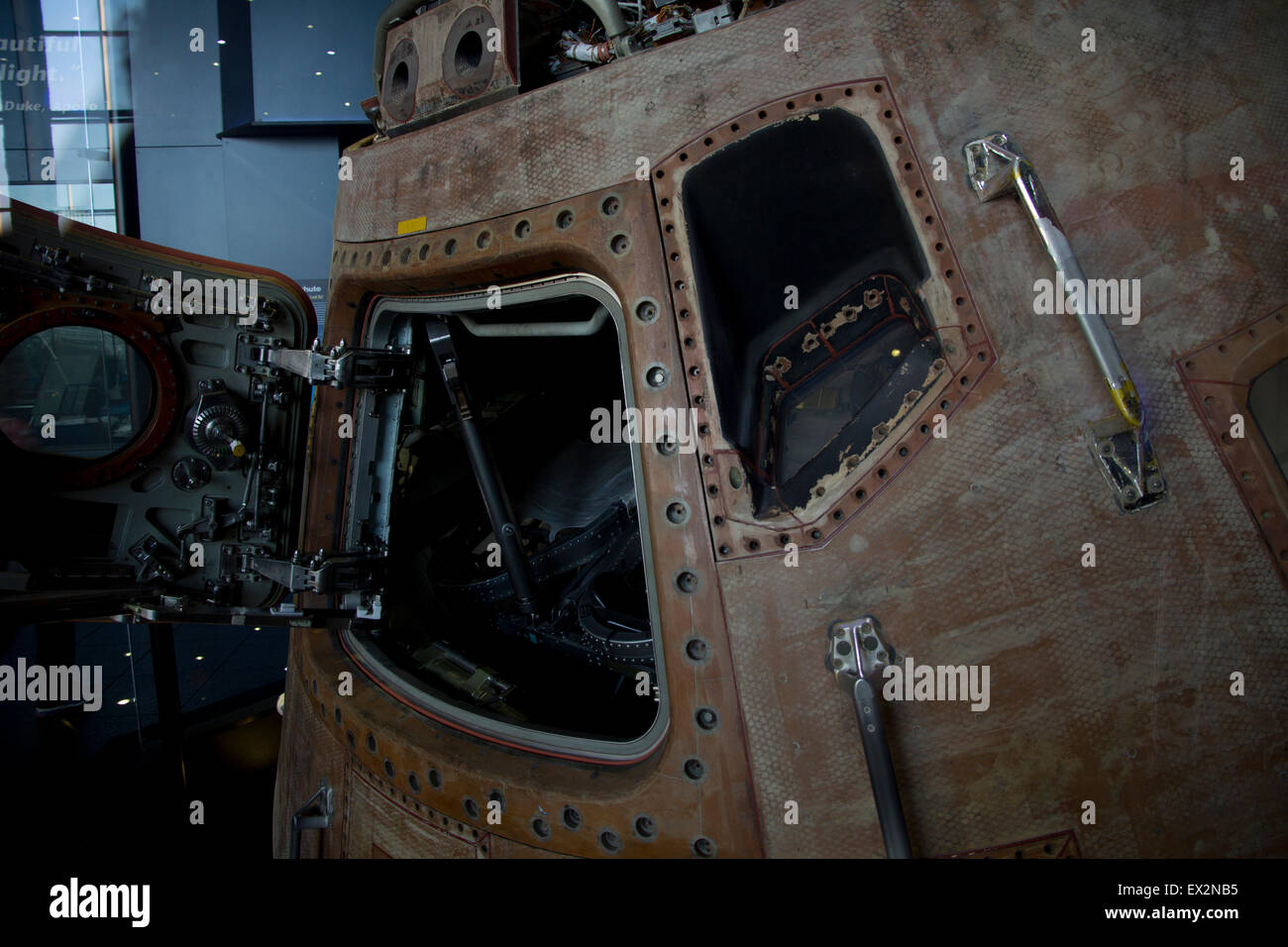 Das Kommandomodul von Apollo 16 zählt zu den historischen Exponaten auf dem Display an Davidson Zentrum für Weltraumforschung, Huntsville, AL Stockfoto