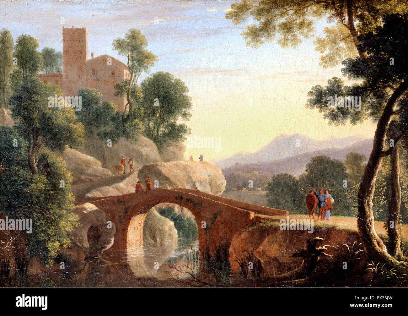 Herman van Swanevelt, italienische Landschaft mit Brücke 1645 Öl auf Leinwand. Dulwich Picture Gallery, London, England. Stockfoto