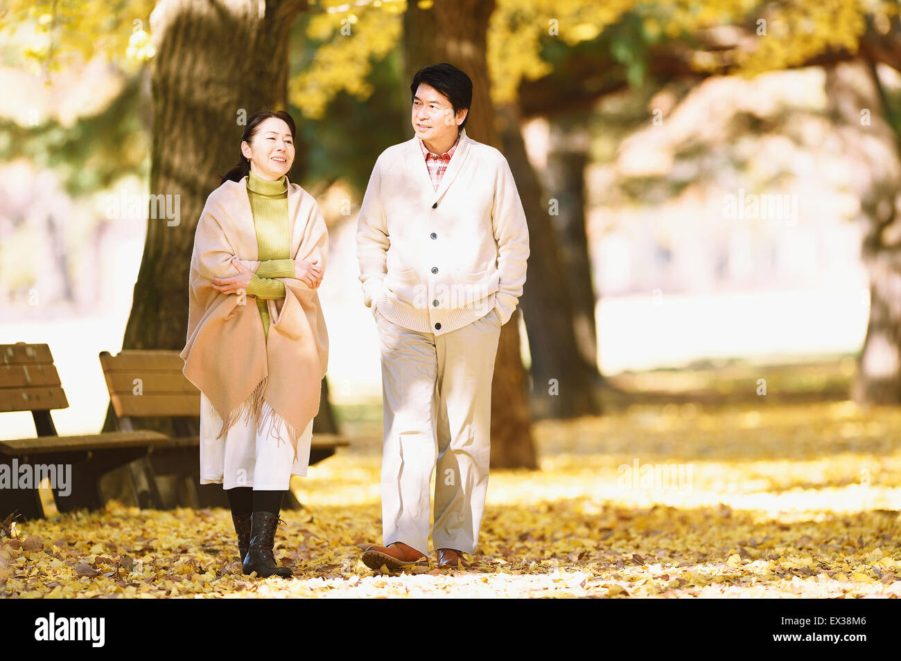 Senior japanisches Ehepaar in einem Stadtpark im Herbst Stockfoto