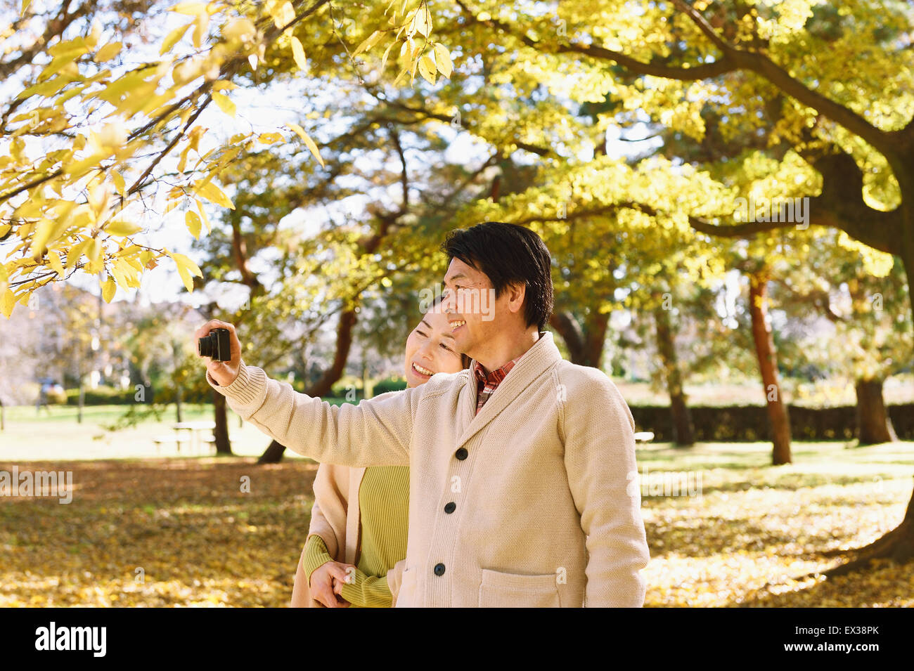 Ältere japanische paar Fotografieren in einem Stadtpark im Herbst Stockfoto