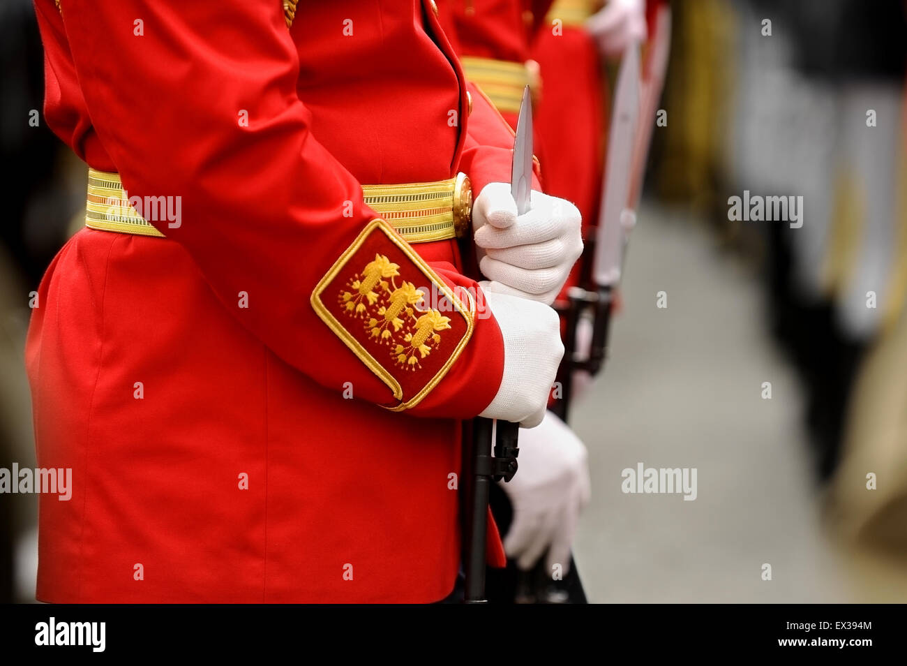 Detail mit den Händen eines Soldaten auf einem Bajonett Gewehr in Ruhestellung während einer Militärparade Stockfoto