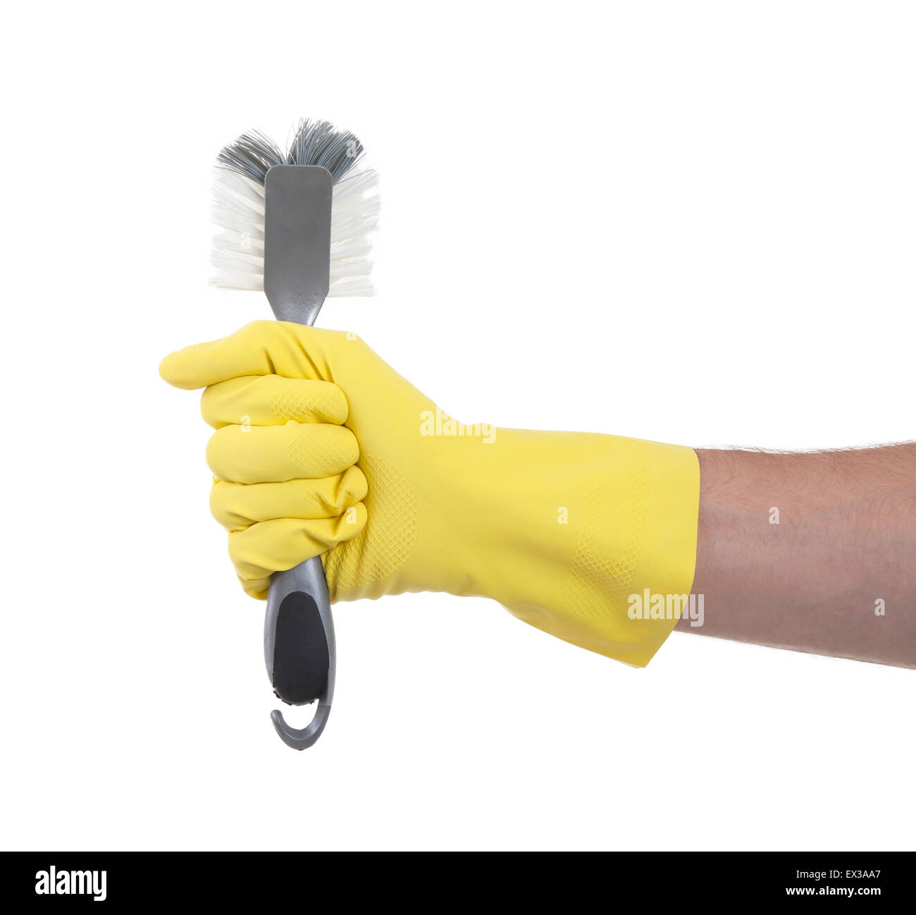 Hand mit einem Schutz-Handschuh hält eine Schüssel-Bürste Stockfoto