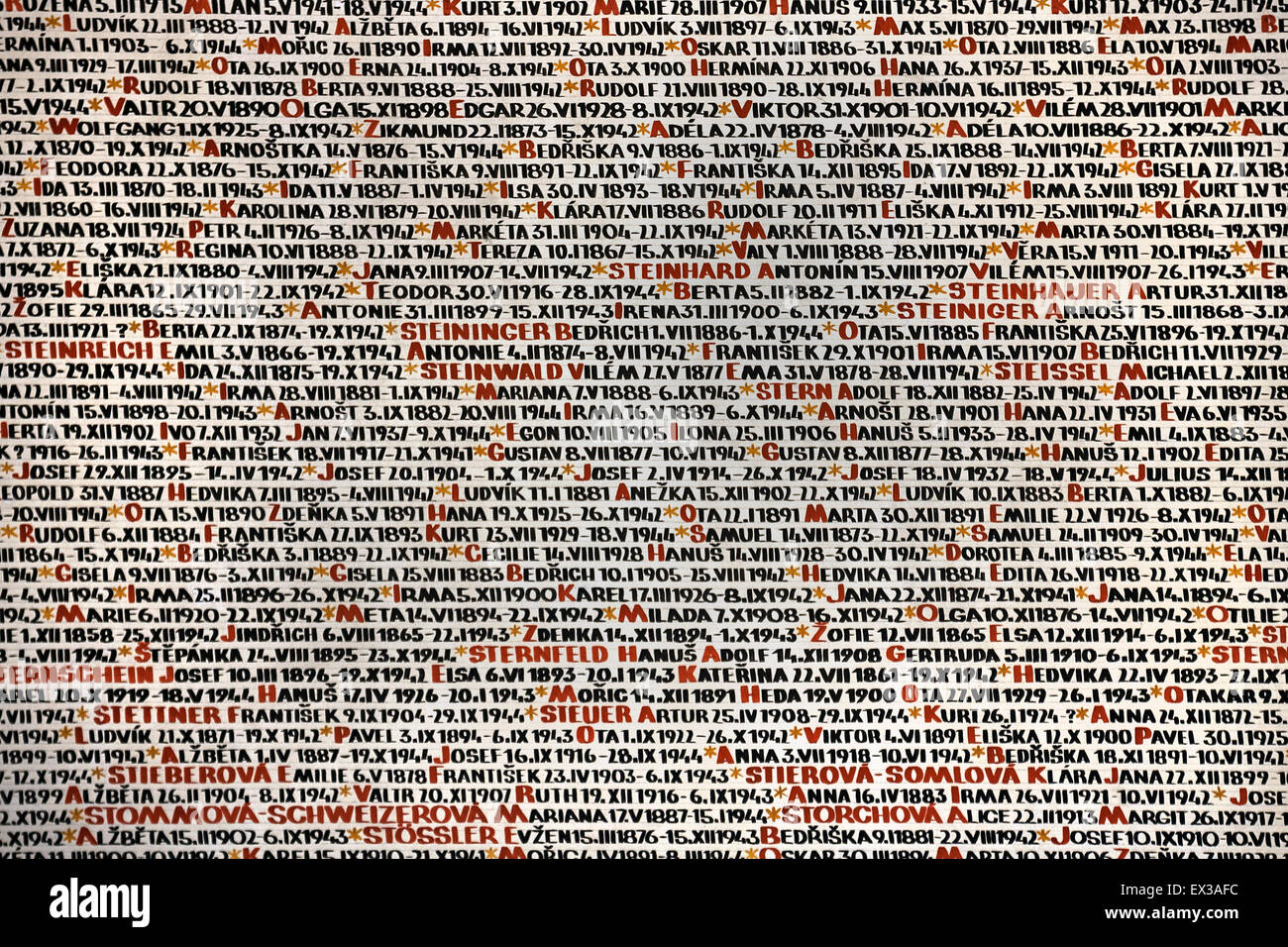 Detail der Liste der Juden ermordeten, Gedenkstätte für die Pinkas-Synagoge, Prag, Tschechische Republik Stockfoto