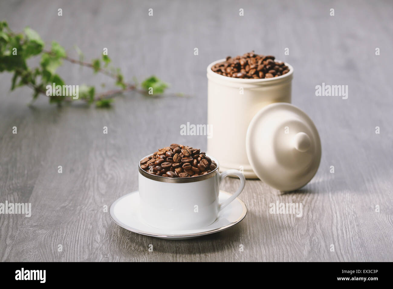 Kaffeebohnen in eine Tasse Stockfoto