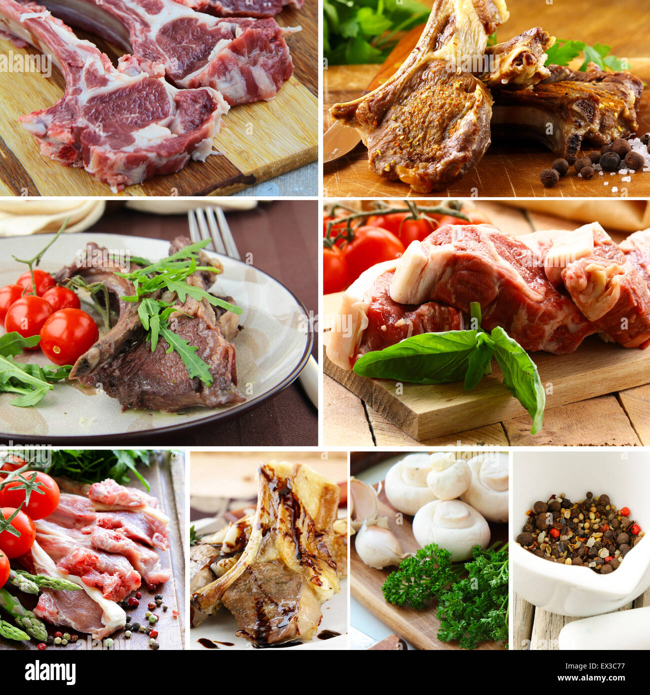 Collage aus rohen und gekochten Lammfleisch mit Gewürzen und Gemüse Stockfoto