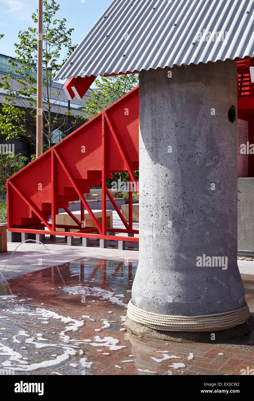 Detail eines die tragende Säule aus zweckgebundenen Kanalrohr hergestellt. Große rote Pavillon, London, Vereinigtes Königreich. Architekt: C Stockfoto