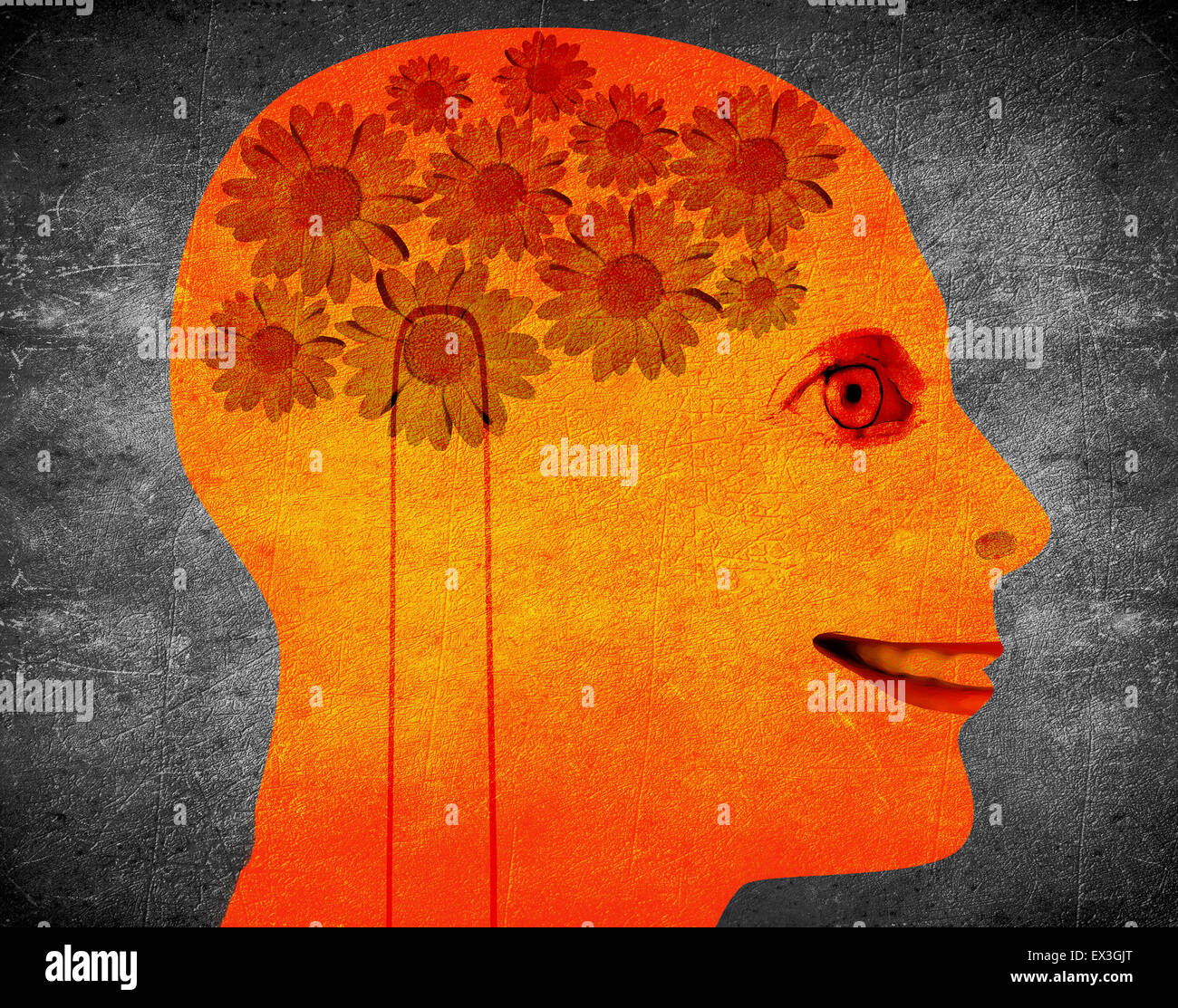 Kreativität-Konzept Illustration mit Kopf und Daisy Orangenblütenwasser Stockfoto