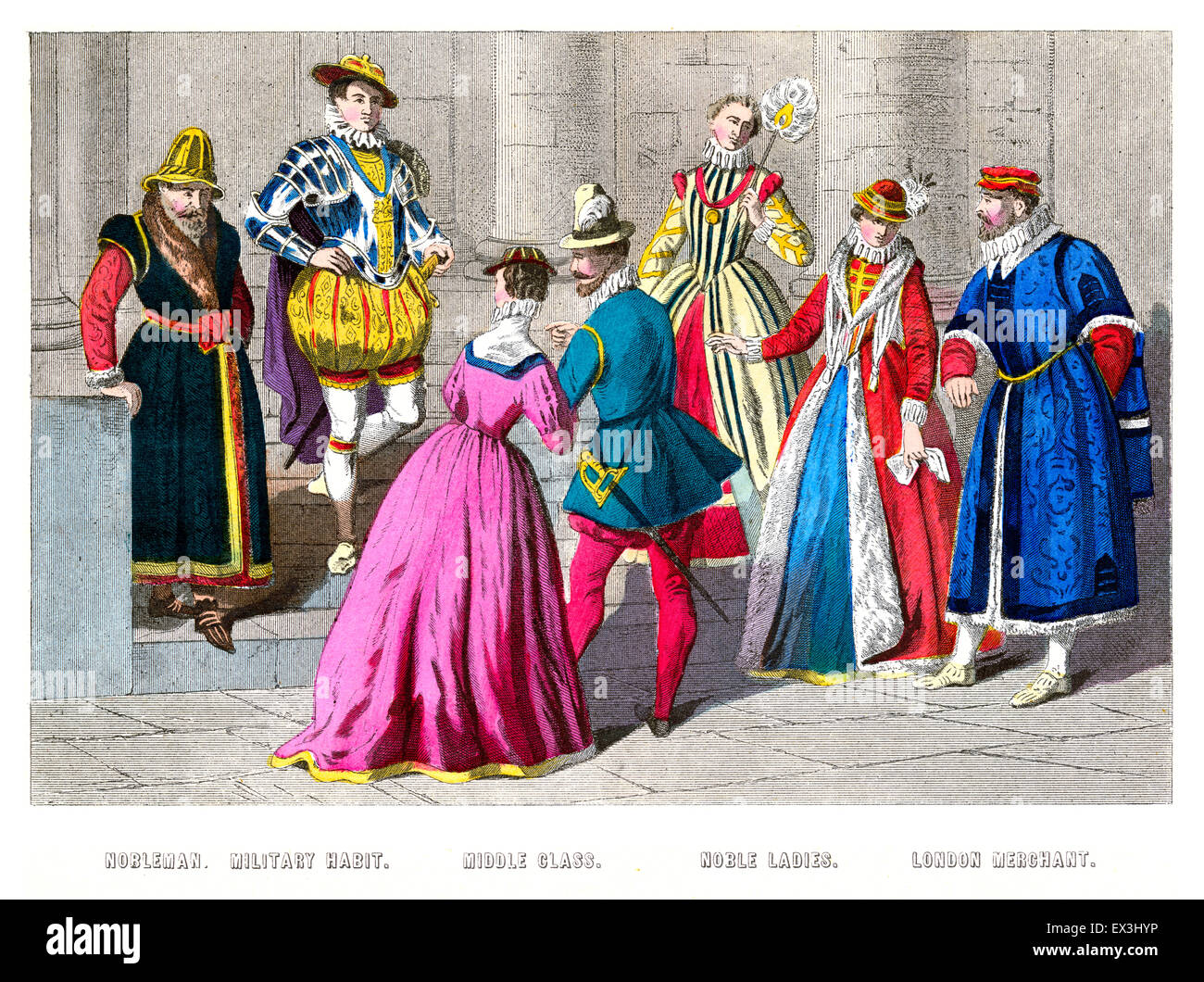 Kostüme von den reichen und Adligen in England, 1550-1580 Stockfoto