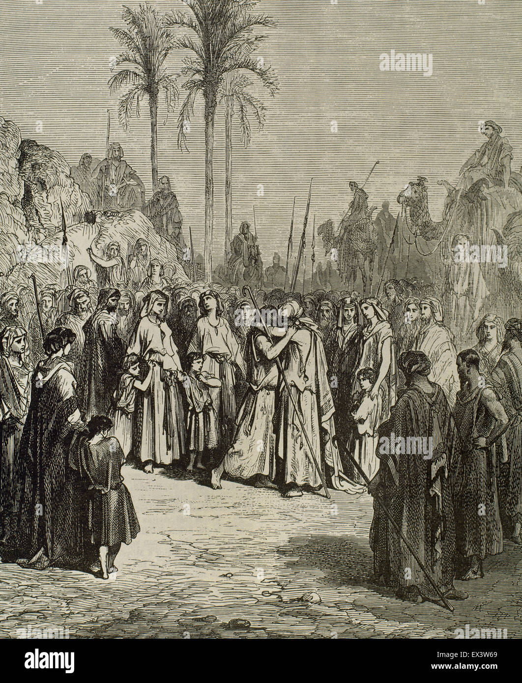 Buch der Genesis. Versöhnung zwischen Jakob und Esau. Stich von Gustave Dore (1832-1883). Stockfoto