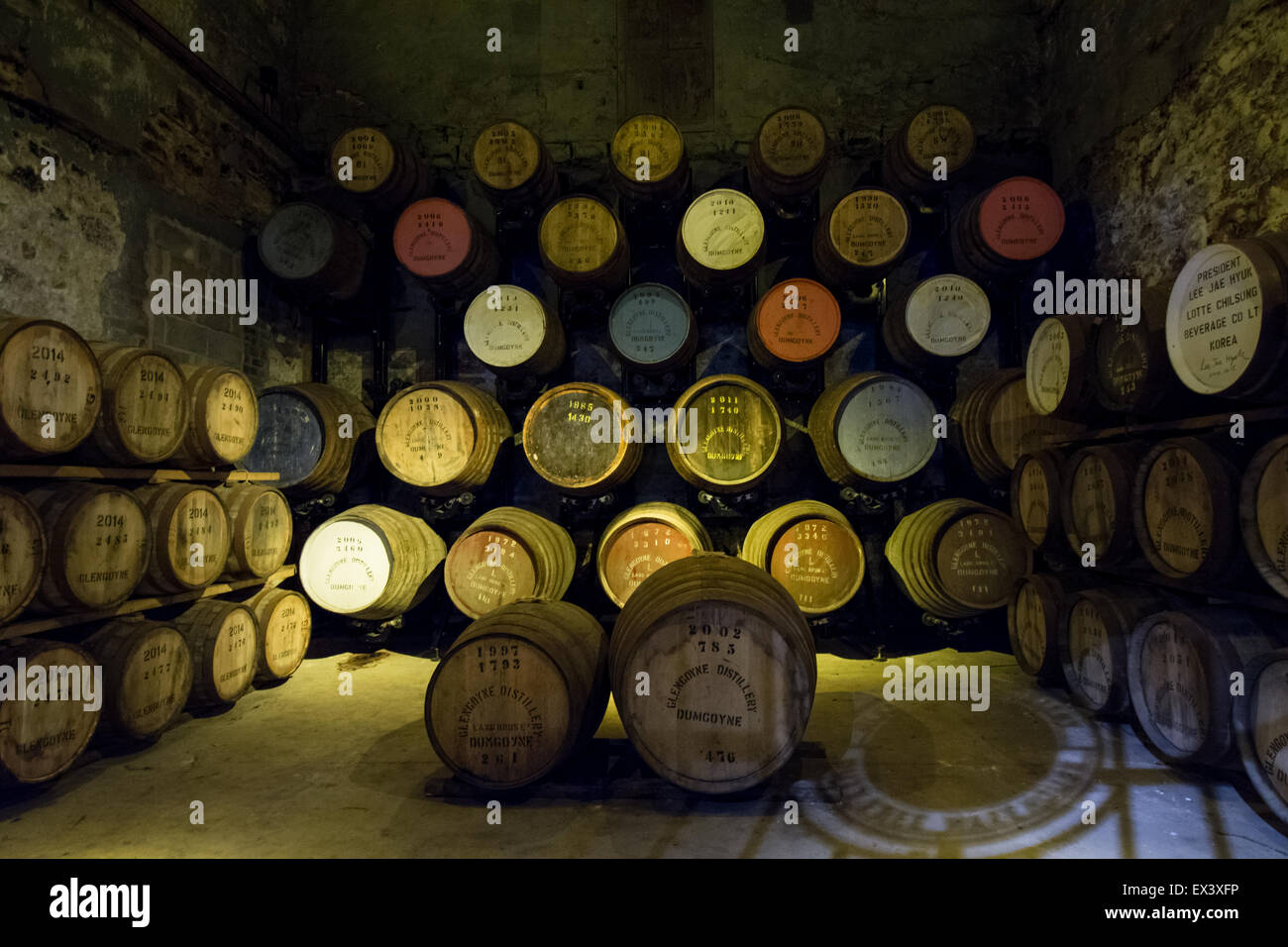 Schottischer Whisky im Inneren No1 Zolllager in Glengoyne Destillerie, Killearn, Glasgow, Scotland, UK Stockfoto