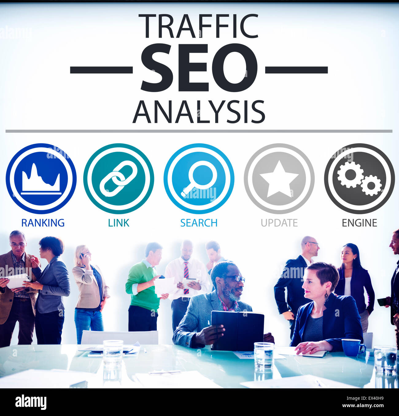 Search Engine Optimierung Analyse Informationen Datenkonzept Stockfoto