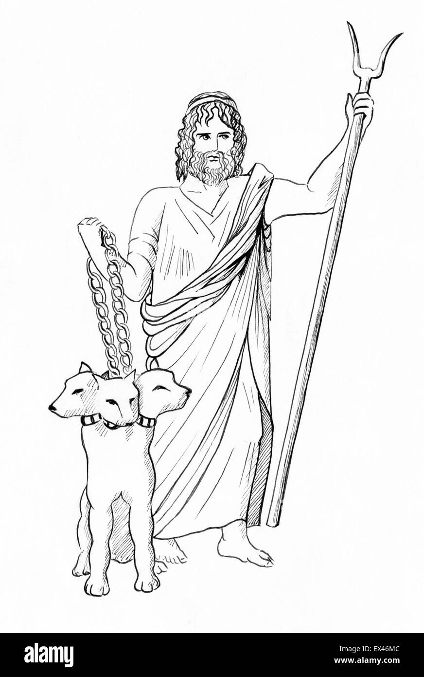Zeichnung von Pluto Dis Hades Gott der Unterwelt mit Cerberus. Stockfoto