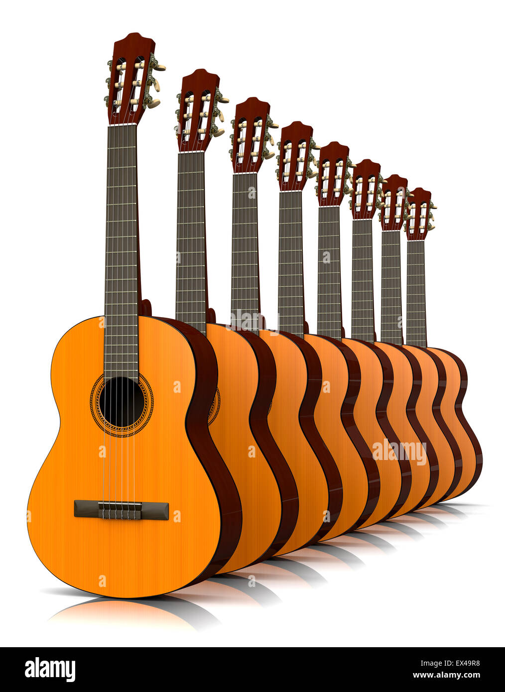 Klassische Gitarren-Sammlung auf weißem Hintergrund 3D Illustration Stockfoto