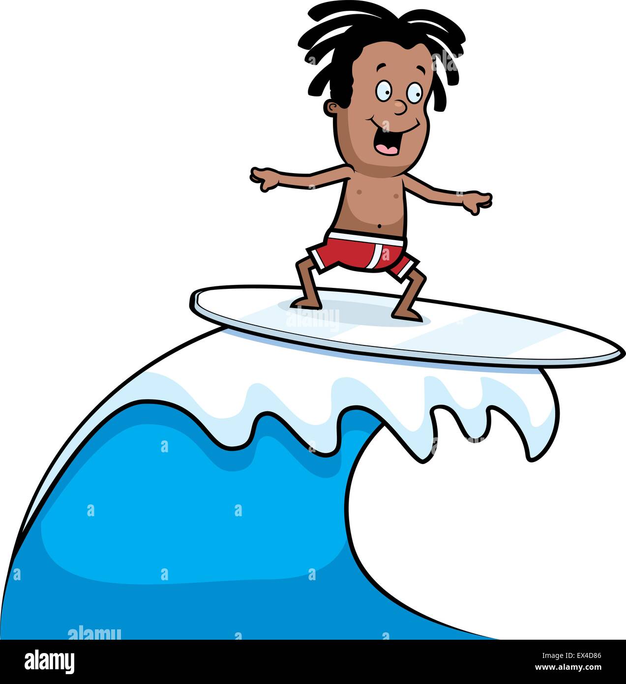 Ein glückliches Cartoon Kind Surfen auf einer Welle. Stock Vektor
