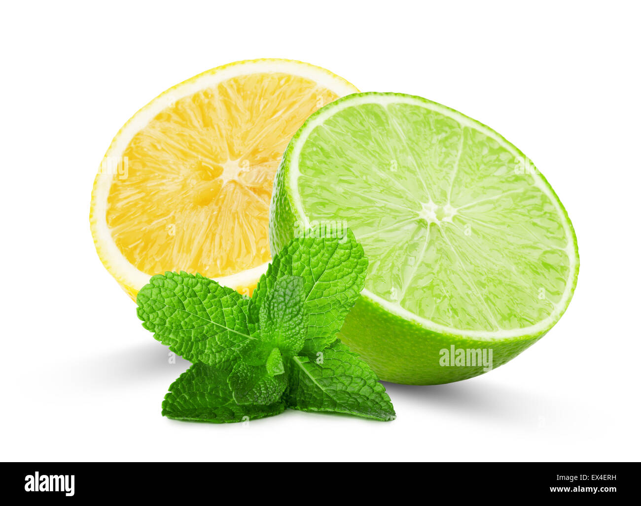 die Hälfte der Limette und Zitrone mit Minze auf dem weißen Hintergrund isoliert. Stockfoto die Hälfte der Limette und Zitrone mit Minze auf dem weißen Hintergrund isoliert. Stockfoto