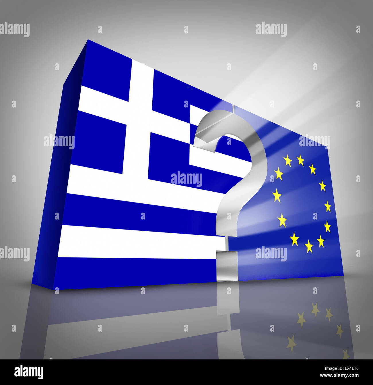 Europäische Griechenland Fragen oder griechischen Schulden Krise und Sparmaßnahmen-Management-Konzept als drei dimensionale blau-weißen Flagge und Symbol der Europäischen Union mit einem Fragezeichen dazwischen als Athen Finanzwirtschaft Metapher. Stockfoto
