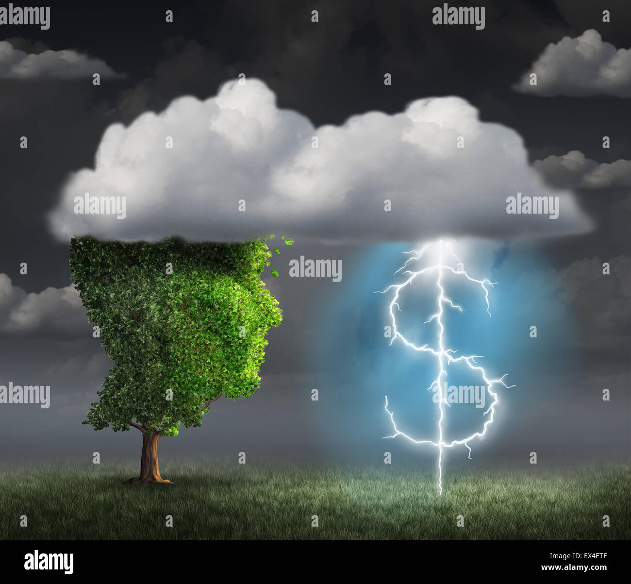 Geldverdienen Idee als Reichtum und Unternehmer Konzept mit einem Baum-Kopf in den Wolken mit einem Blitz, geformt wie ein Dollarzeichen als ein Finanzsymbol für Debt Management und Gewinn-Lösung. Stockfoto