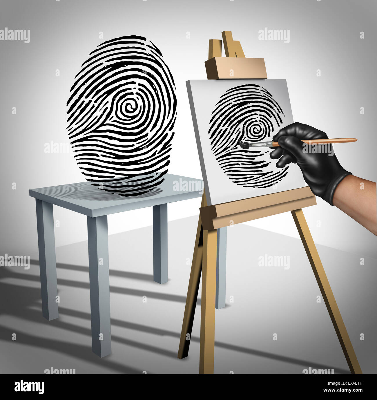 Identität Diebstahl als krimineller Malerei eine Kopie eines Fingerabdrucks als Sicherheitssymbol für ID-Schutz und Schutz der private Daten im Internet oder persönlichen Server Konzept. Stockfoto