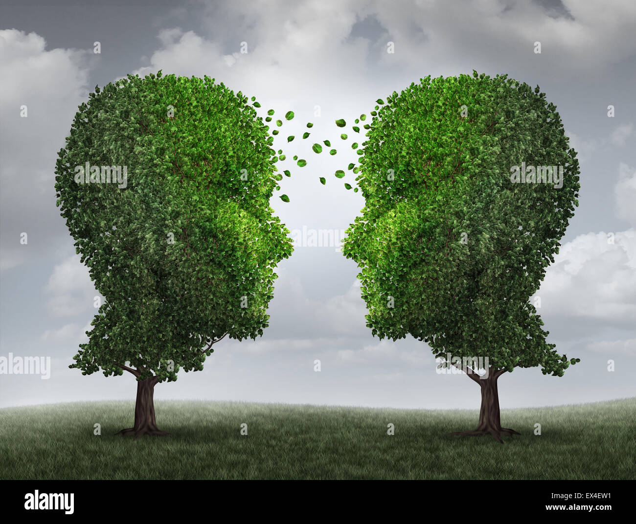 Kommunikation und Wachstum Konzept als eine wachsende Partnerschaft und Teamwork Austausch im Geschäft mit zwei Bäumen in Form von menschlichen Köpfen am Himmel mit verlässt den Austausch von einer Fläche zur anderen als ein Konzept der Zusammenarbeit. Stockfoto