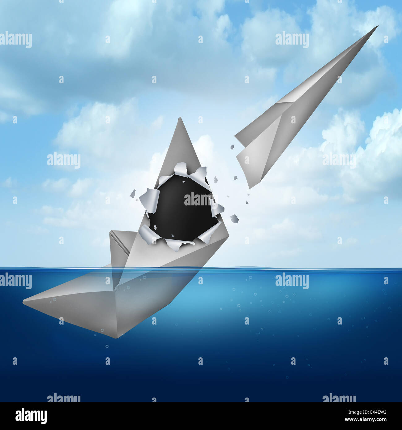 PlanB Business contingency Planungskonzept als ein sinkendes Schiff oder Papier Boot mit einem Origami Flugzeug aufstrebenden heraus als Metapher Stockfoto
