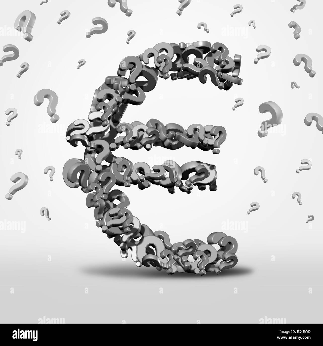 Euro Fragen und Verwirrung Konzept als Währungssymbol und Finanzprognose Symbol als ein europäisches Geld-Symbol einer Gruppe von Unsicherheit und Krise Prognoserisiko Fragezeichen gemacht. Stockfoto