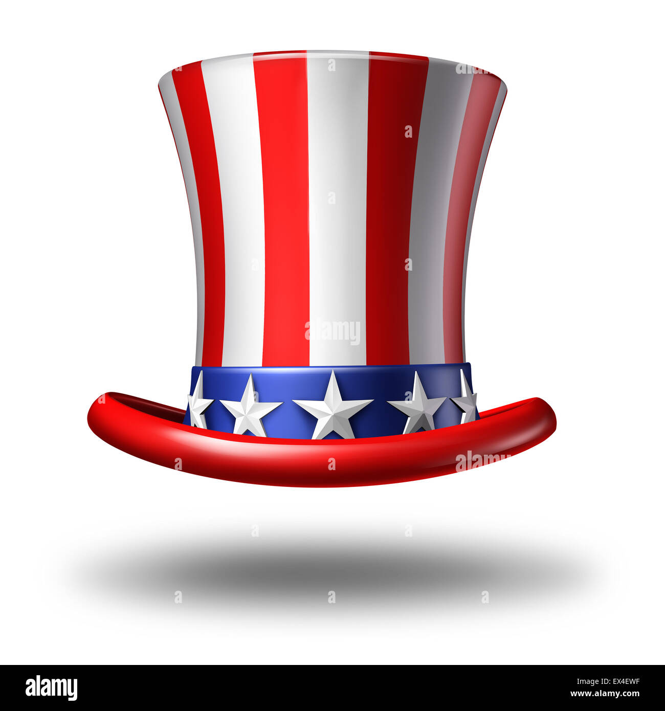 Amerikanischen Hut-Symbol als Symbol auf einem weißen Hintergrund als ein Konzept für Patriotismus in Amerika und Feier der Sterne und Streifen Stockfoto