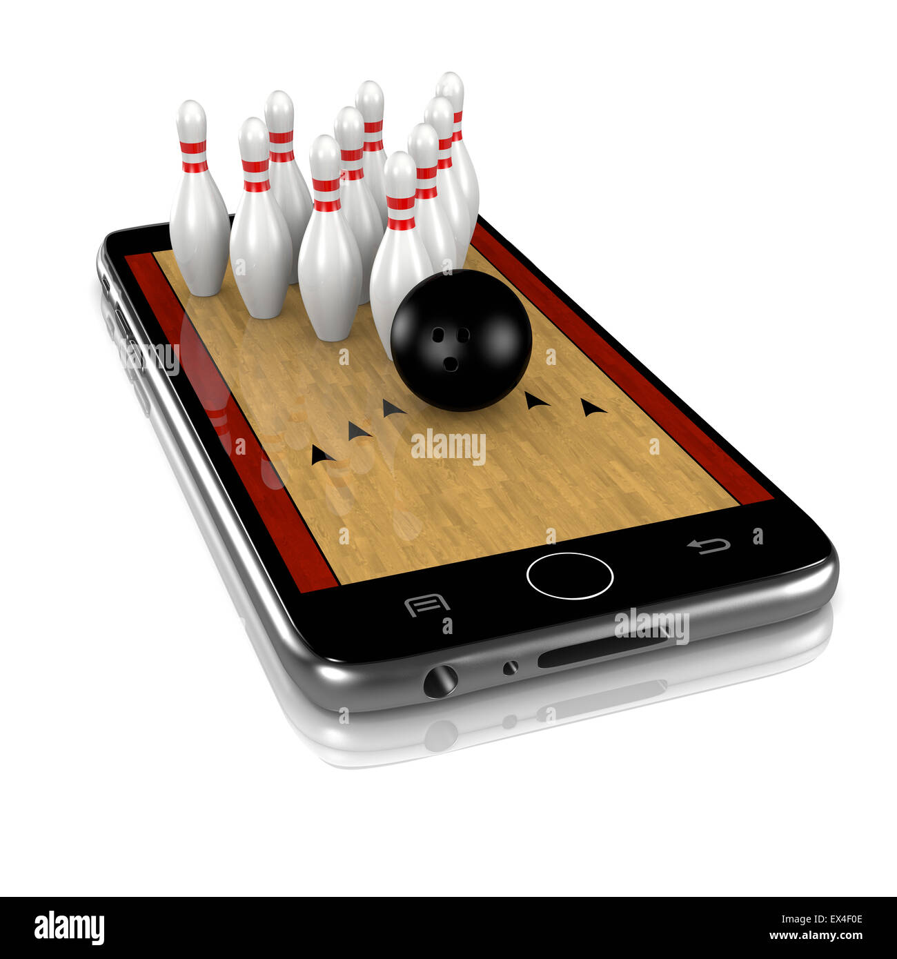 Bowling mit Kegeln und Ball auf Smartphone-Display 3D Illustration, Isolated on White Background Stockfoto