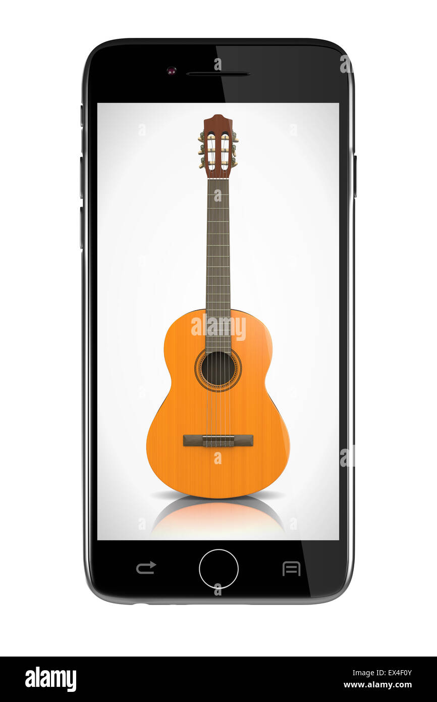 Smartphone mit einer klassischen Gitarre auf weißem Hintergrund Illustration Stockfoto