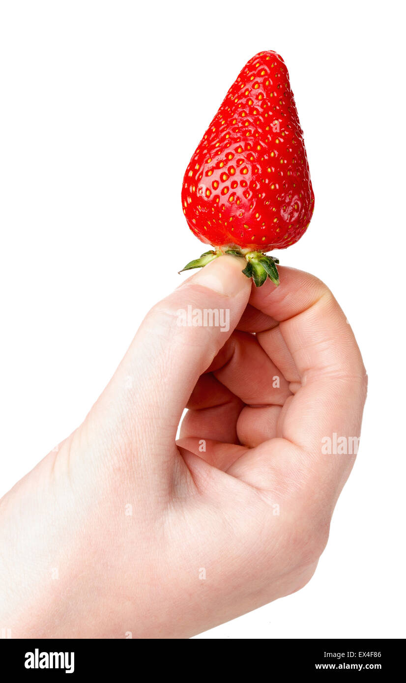 Frau Hand mit Erdbeeren auf weißem Hintergrund. Stockfoto